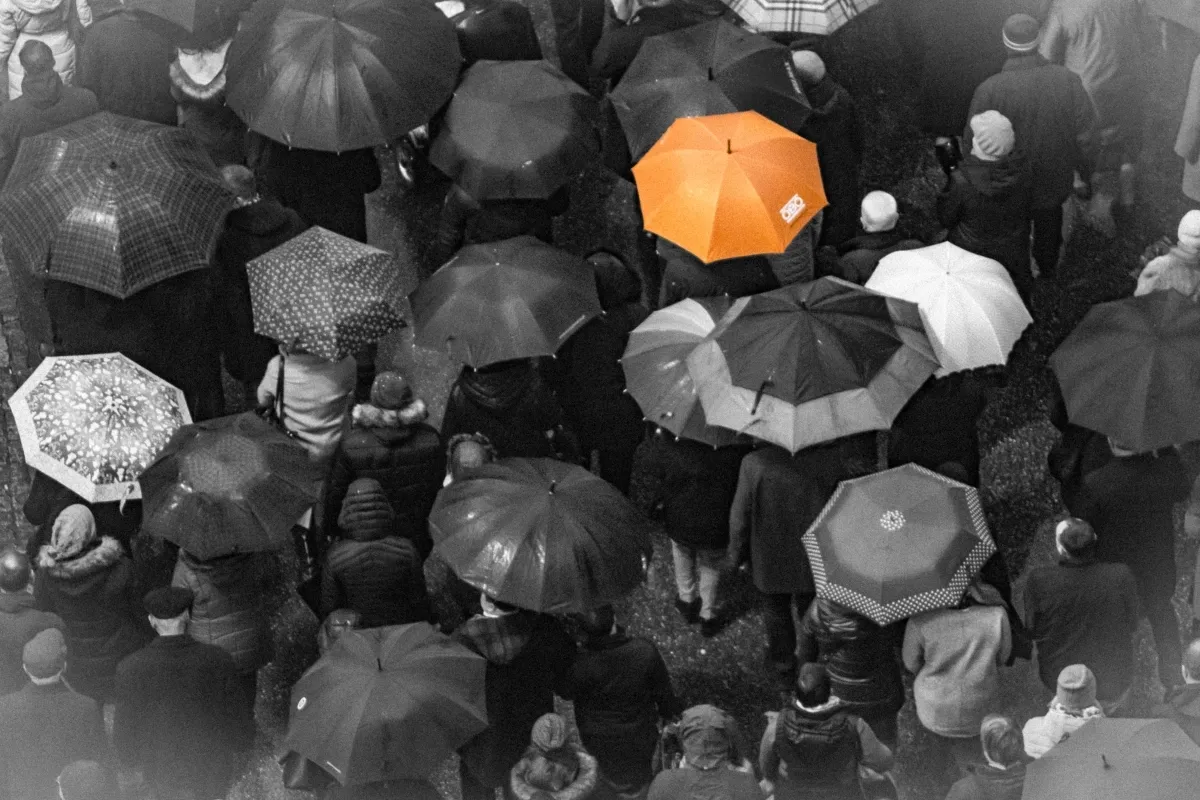 Black-and-white crowd of umbrellas with one orange umbrella glowing